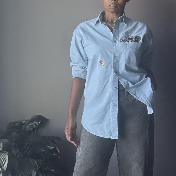 Vintage Other - Vintage Looney Tunes Denim Long Sleeve Mens Size M Embroidered Tweety Taz